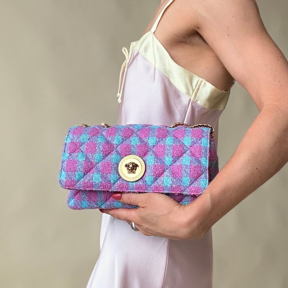 Versace La Medusa Icon Quilted Tweed Shoulder Bag - Blue & Purple - NWT